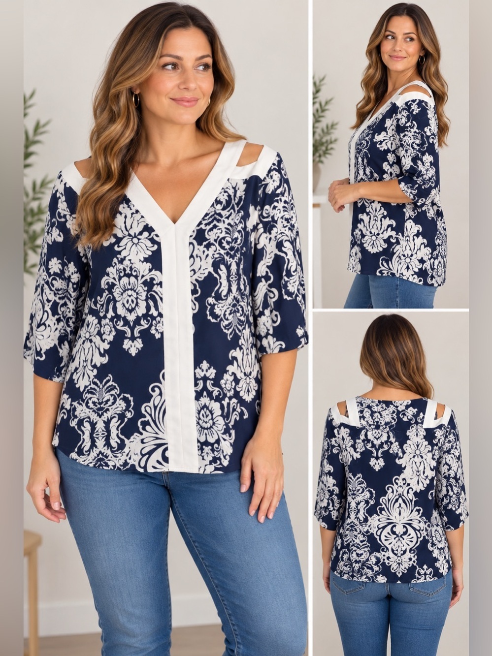 Time Line Navy and White V-Neck Patterned Women's Top XL